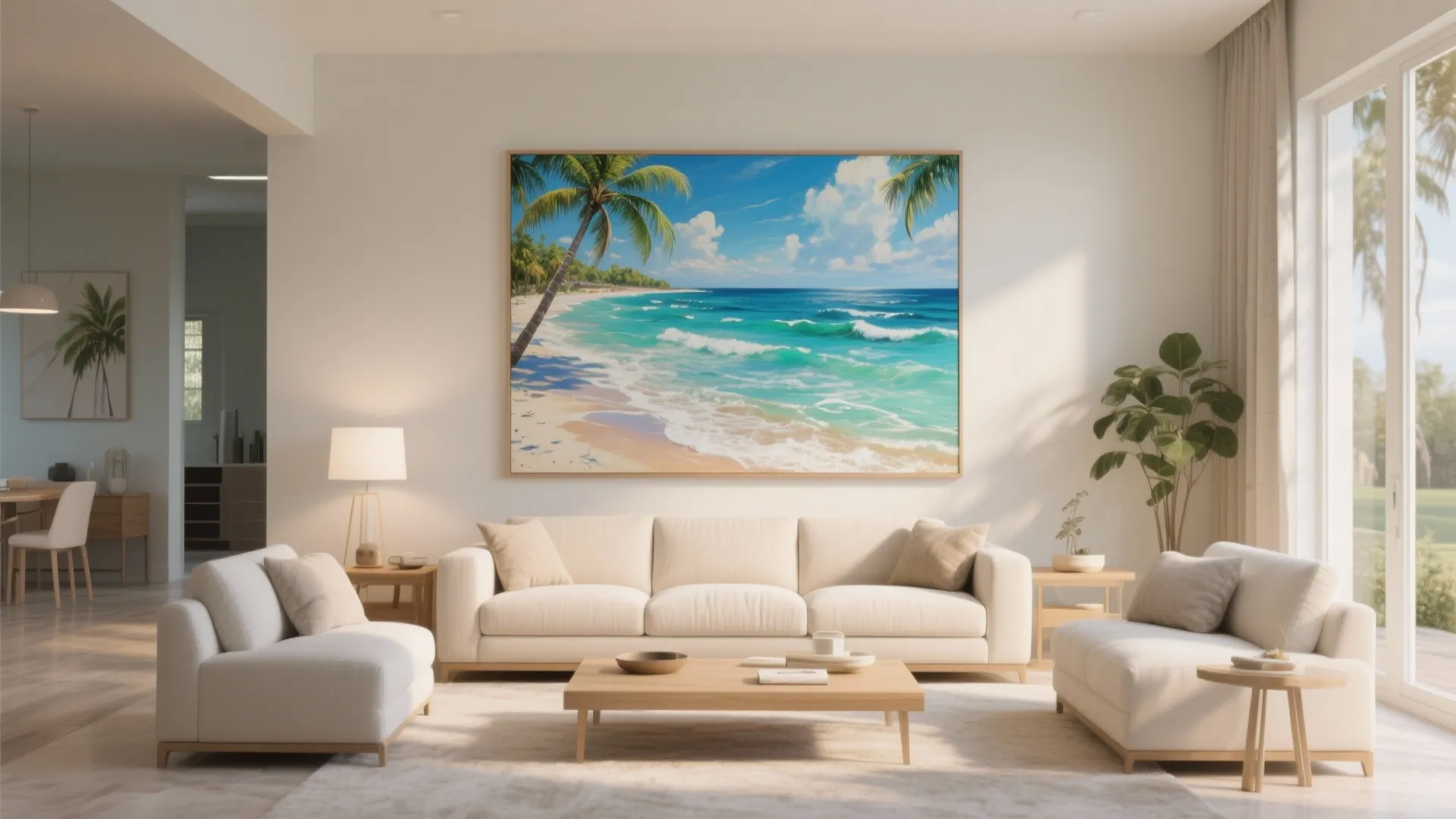 Modern living room featuring large beach wall art above a cream sofa with wood tables