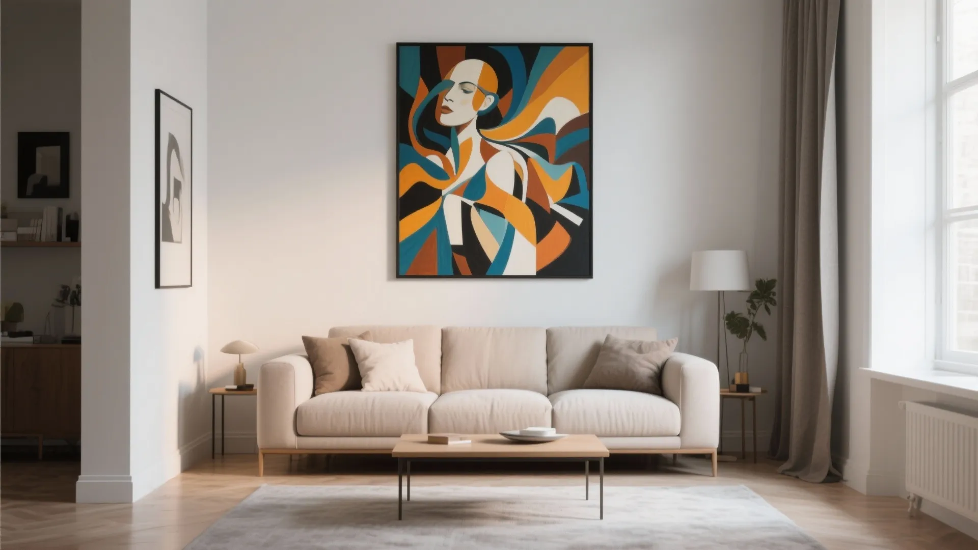Modern living room with cream sofa wooden coffee table and large colorful abstract wall decor
