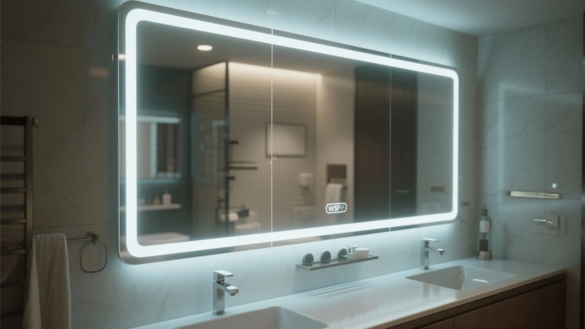 Large rectangular bathroom mirror with built-in led light strip above a double white sink vanity