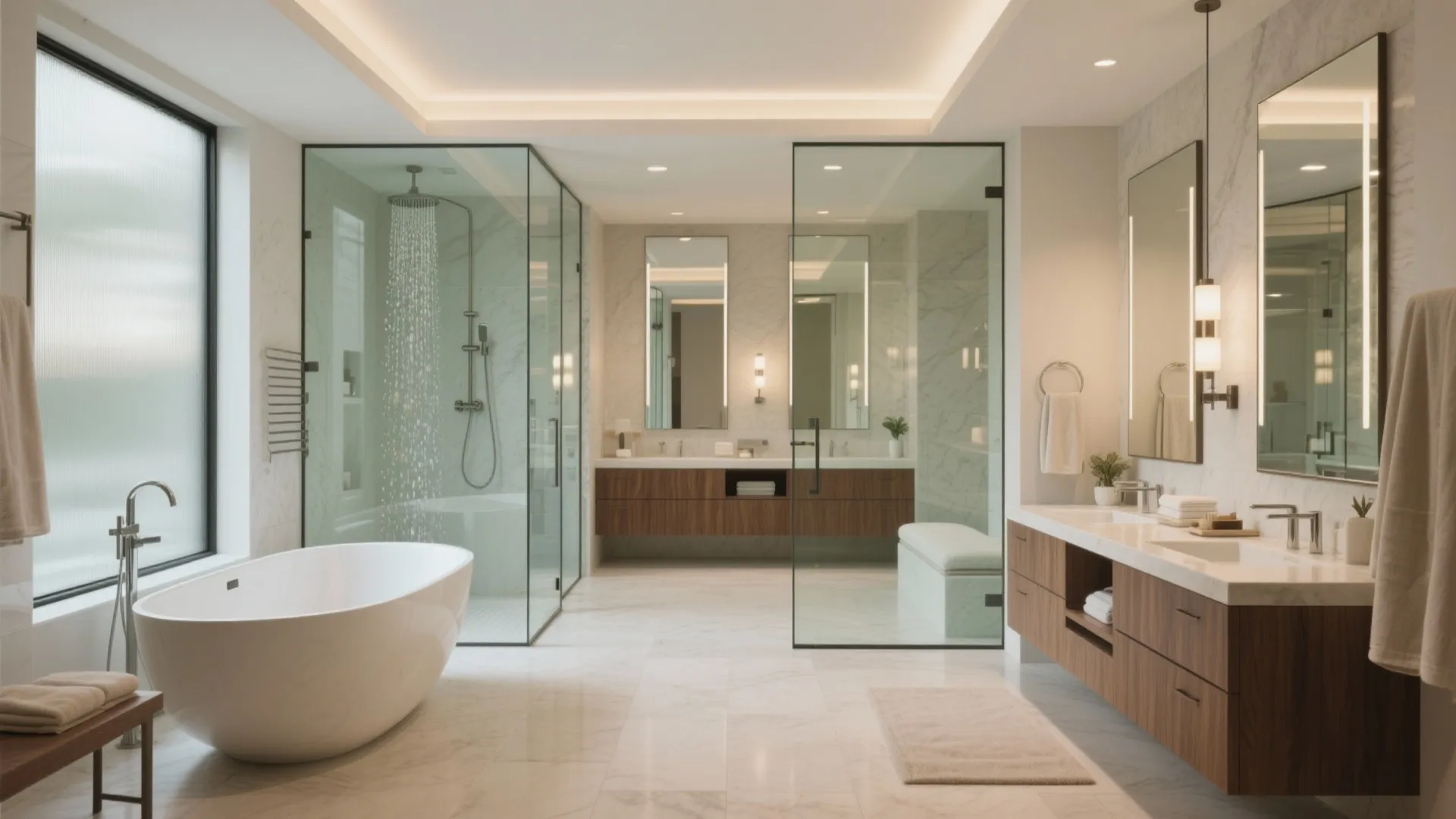 Luxury bathroom interior with white bathtub glass shower stall wooden cabinets large mirrors and bright lighting