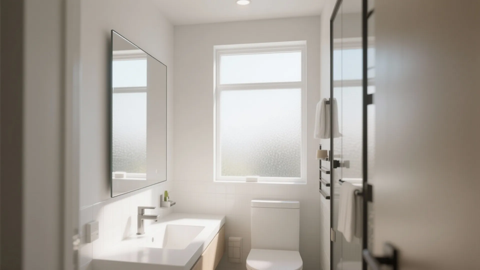 Bright bathroom interior featuring a large wall mirror white sink toilet and window with frosted glass