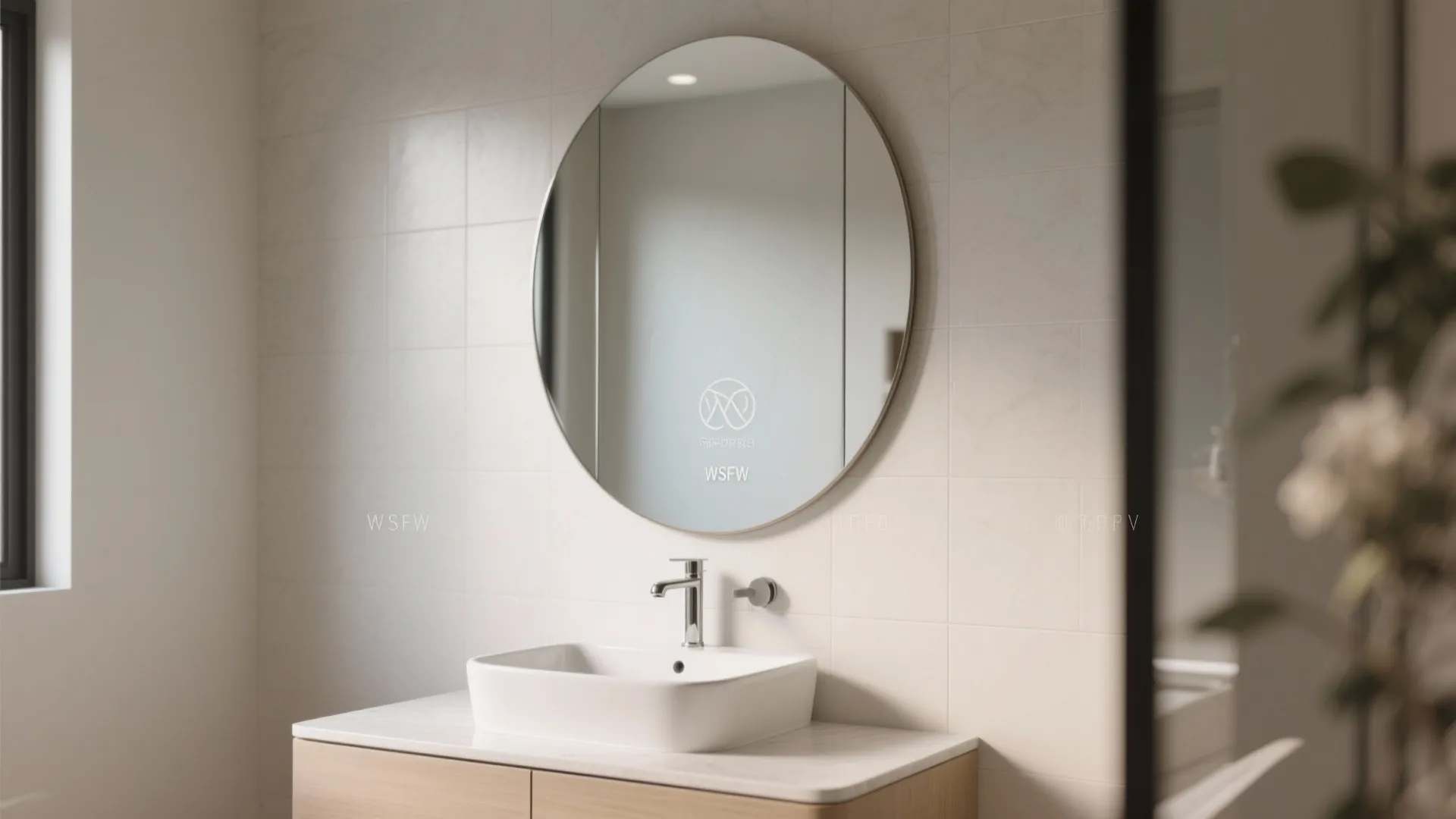 Modern bathroom interior featuring a large round mirror above a white sink and wooden cabinet