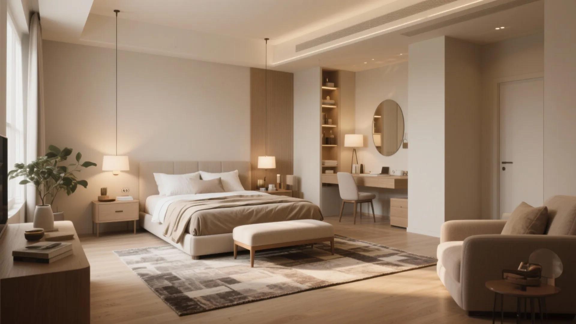 Spacious modern bedroom including a study desk, round mirror, footrest, comfortable sofa, and hanging lights