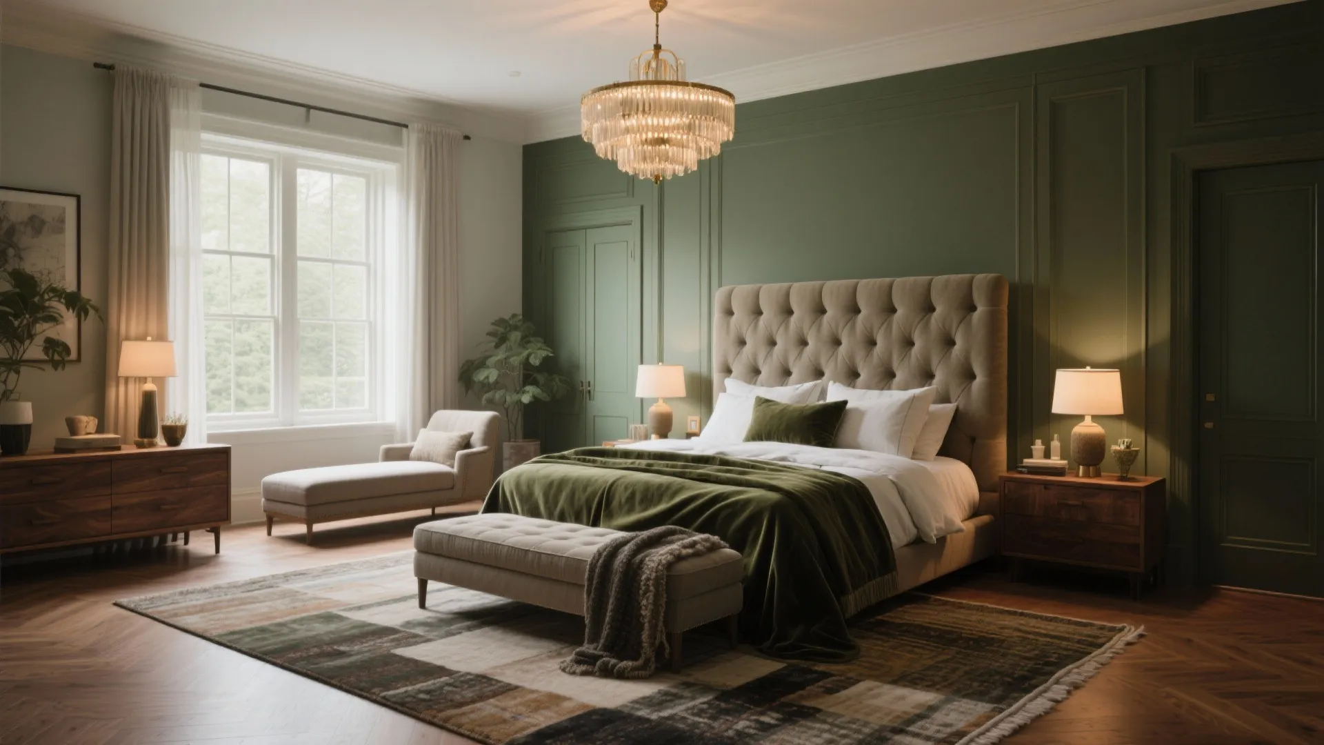 Elegant bedroom featuring green wall panel, large bed, ceiling light, sofa, footrest, and side lamps
