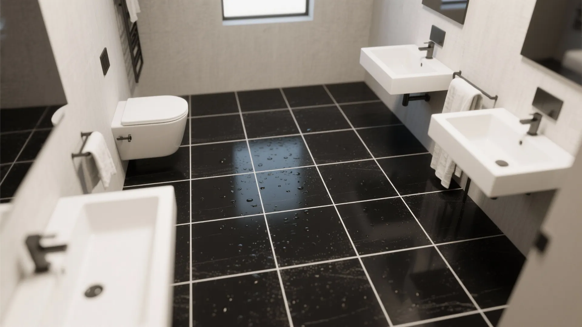 5. Large-format black slabs with white grout lines