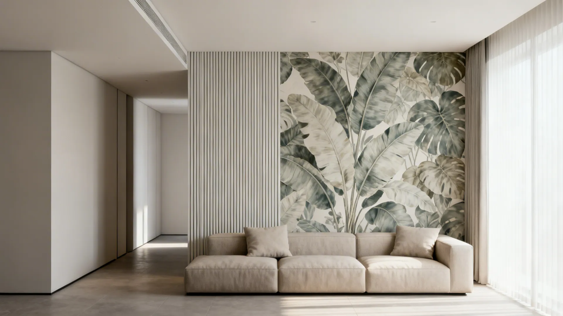 Narrow living room with a large-scale botanical leaf wallpaper creating visual height