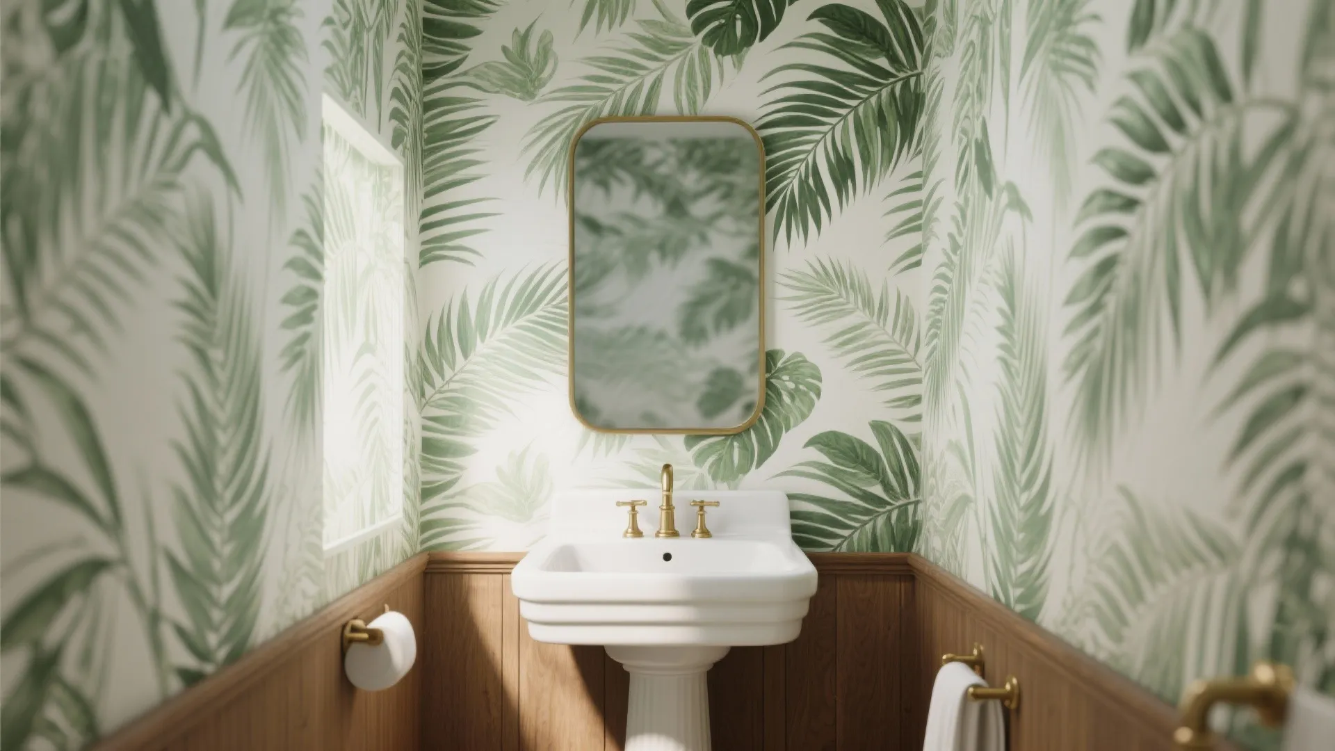Large-Scale Botanicals to Enlarge a Tiny Powder Room