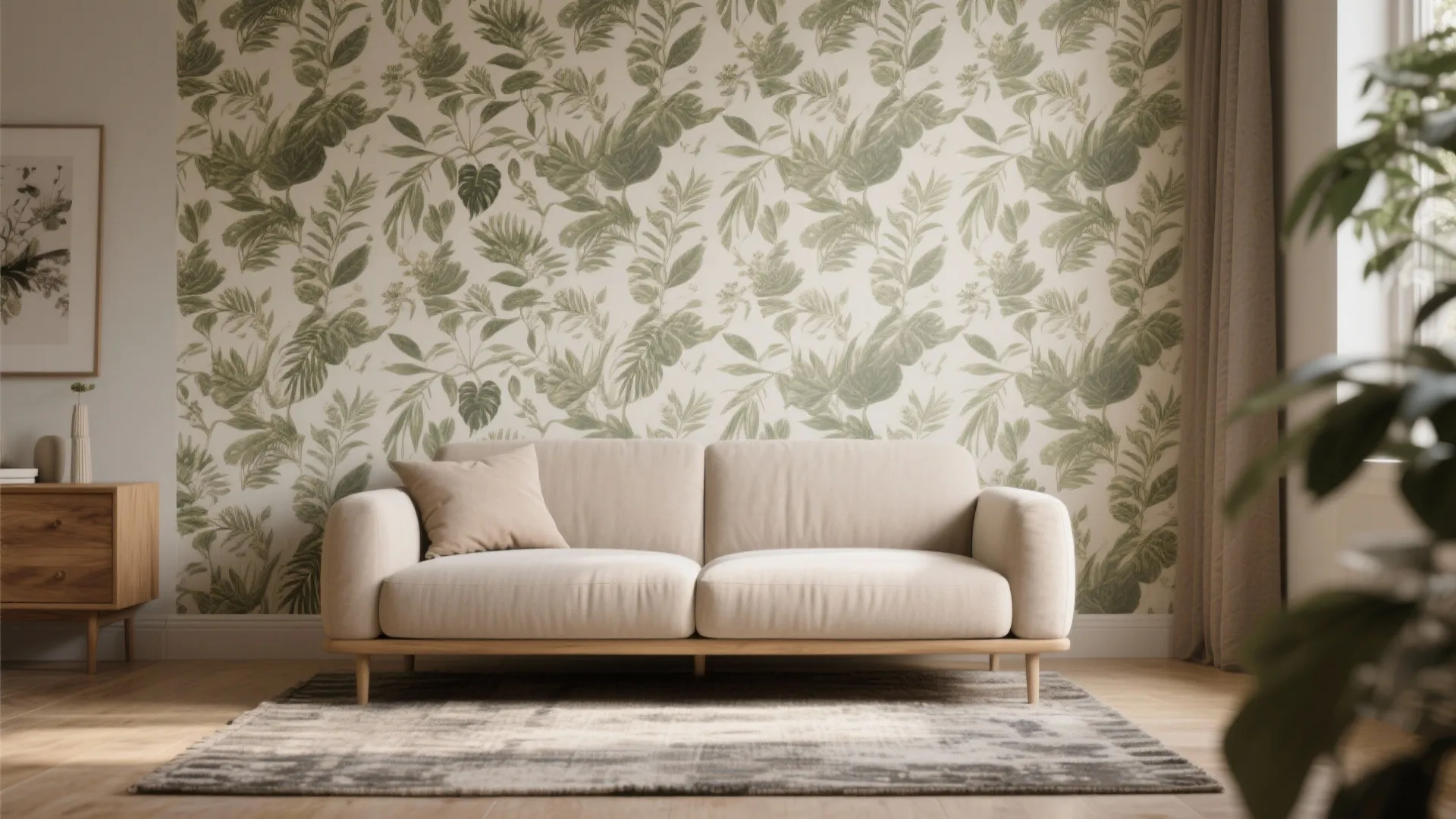 Beige sofa placed in front of green botanical leaf print wallpaper with wood cabinet and floor