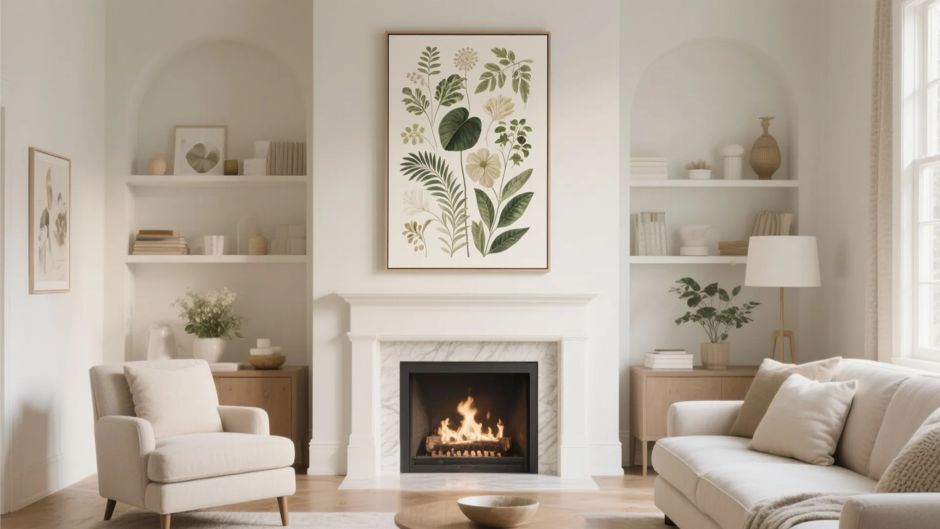 Large botanical canvas above a living room fireplace