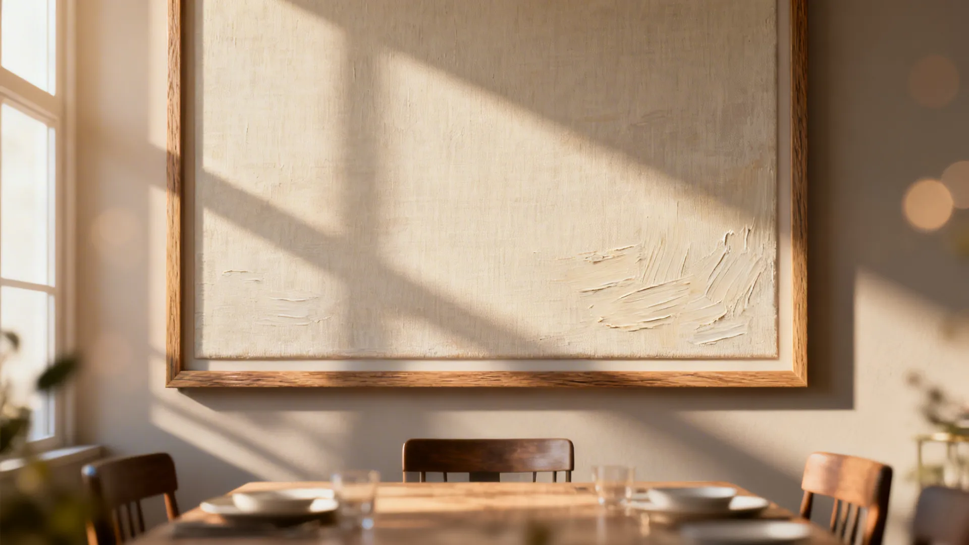 Close-up of a large framed canvas texture centered above a dining table under soft daylight.