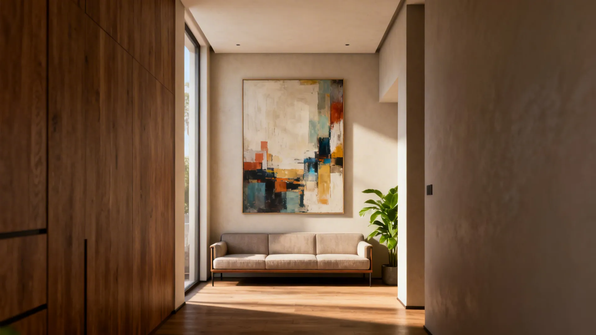 Narrow apartment living room with a large abstract canvas above a sofa, visually expanding the ceiling height.