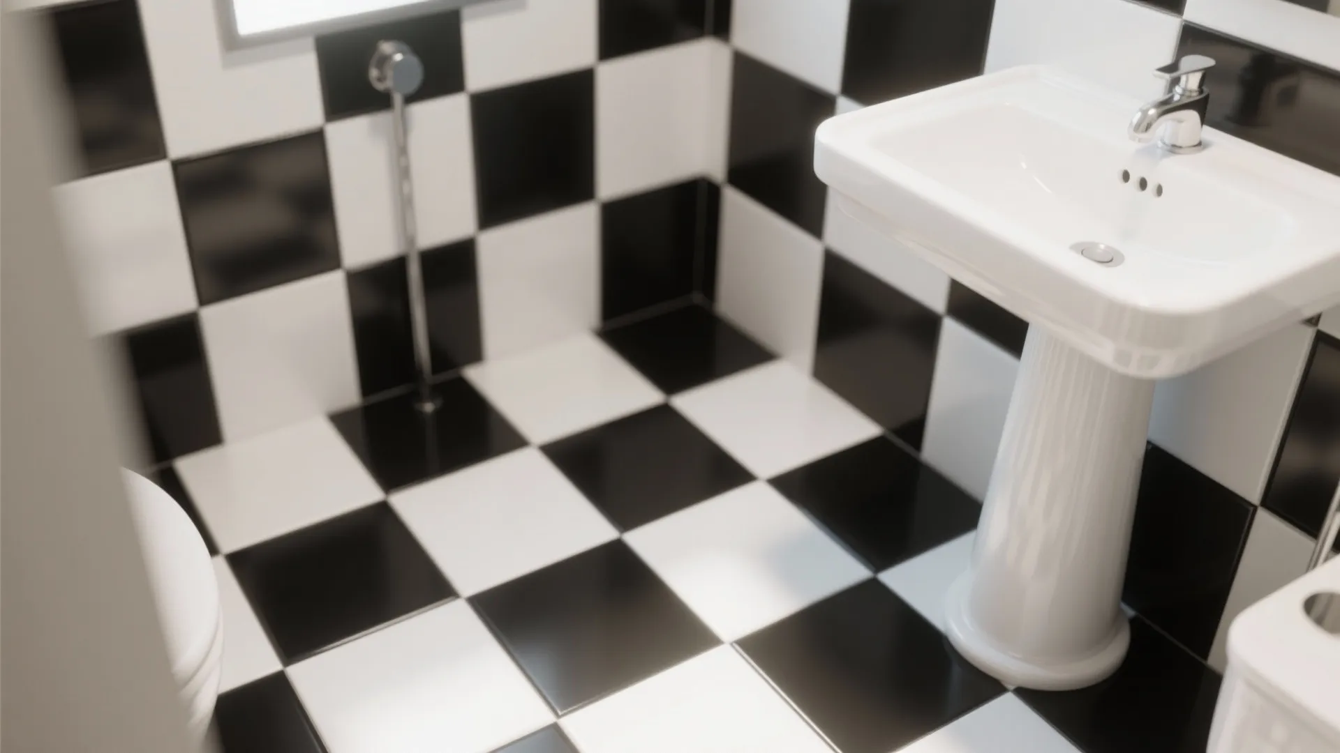 Small bathroom interior featuring black and white checkerboard wall tiles and floor with white sink