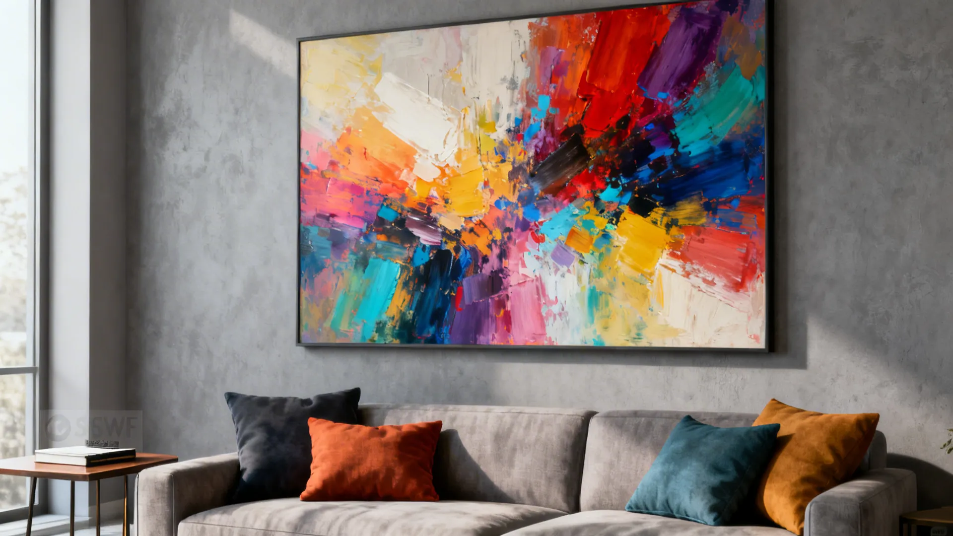 Grey wall with a single large colorful abstract painting and matching accent cushions.