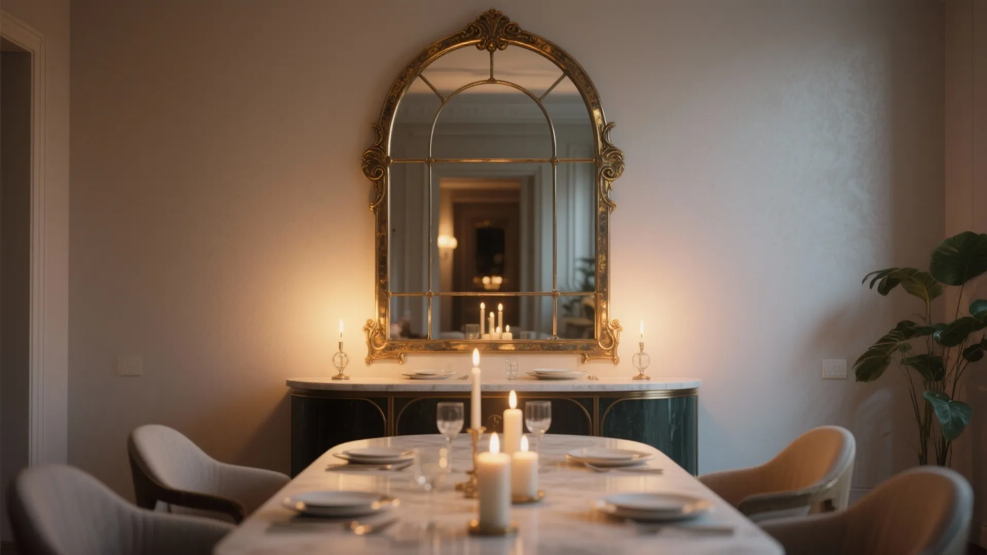 Elegant dining room featuring a large gold arch mirror above a cabinet with lighted candles