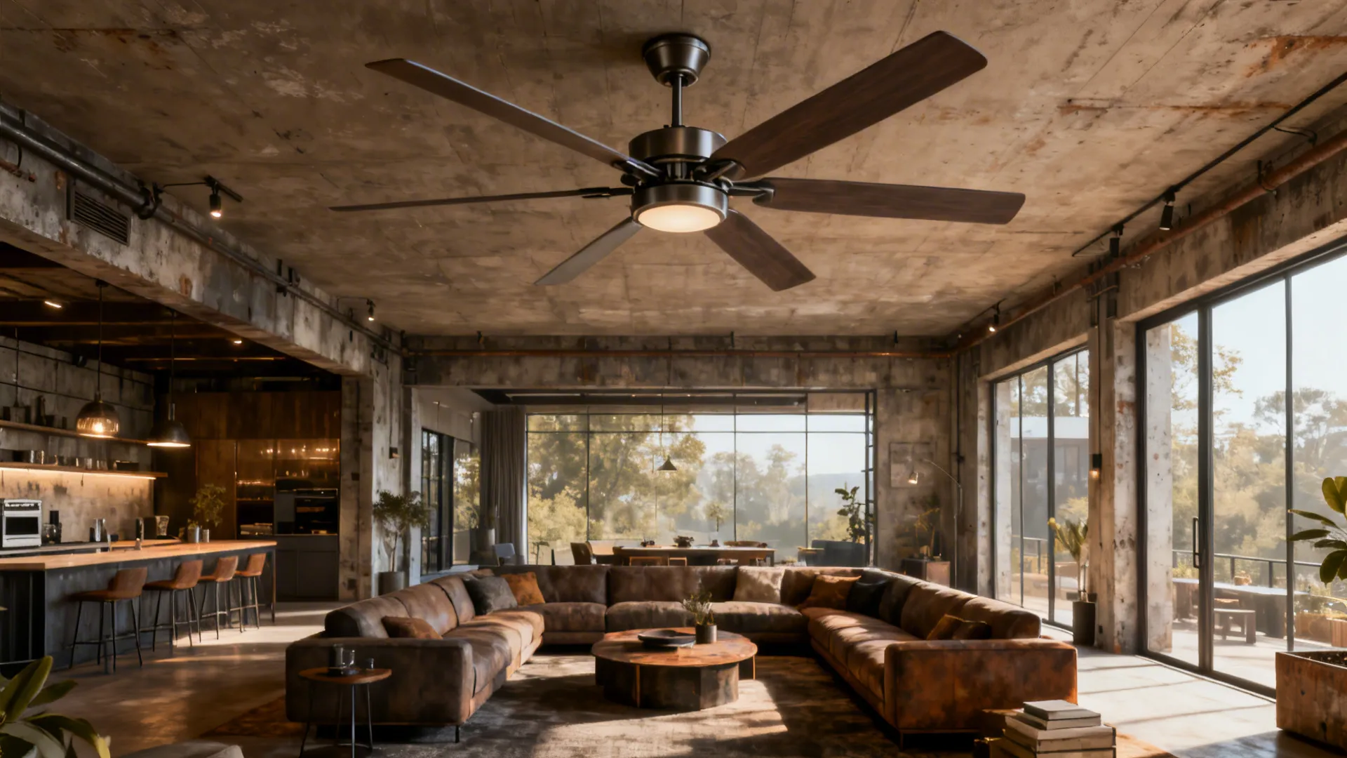 Open-plan living room with a large-diameter ceiling fan filling the space and reducing visual clutter.