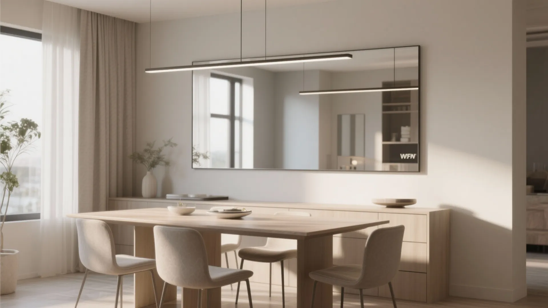 Modern dining room with wooden table, beige chairs, large wall mirror, and long ceiling light