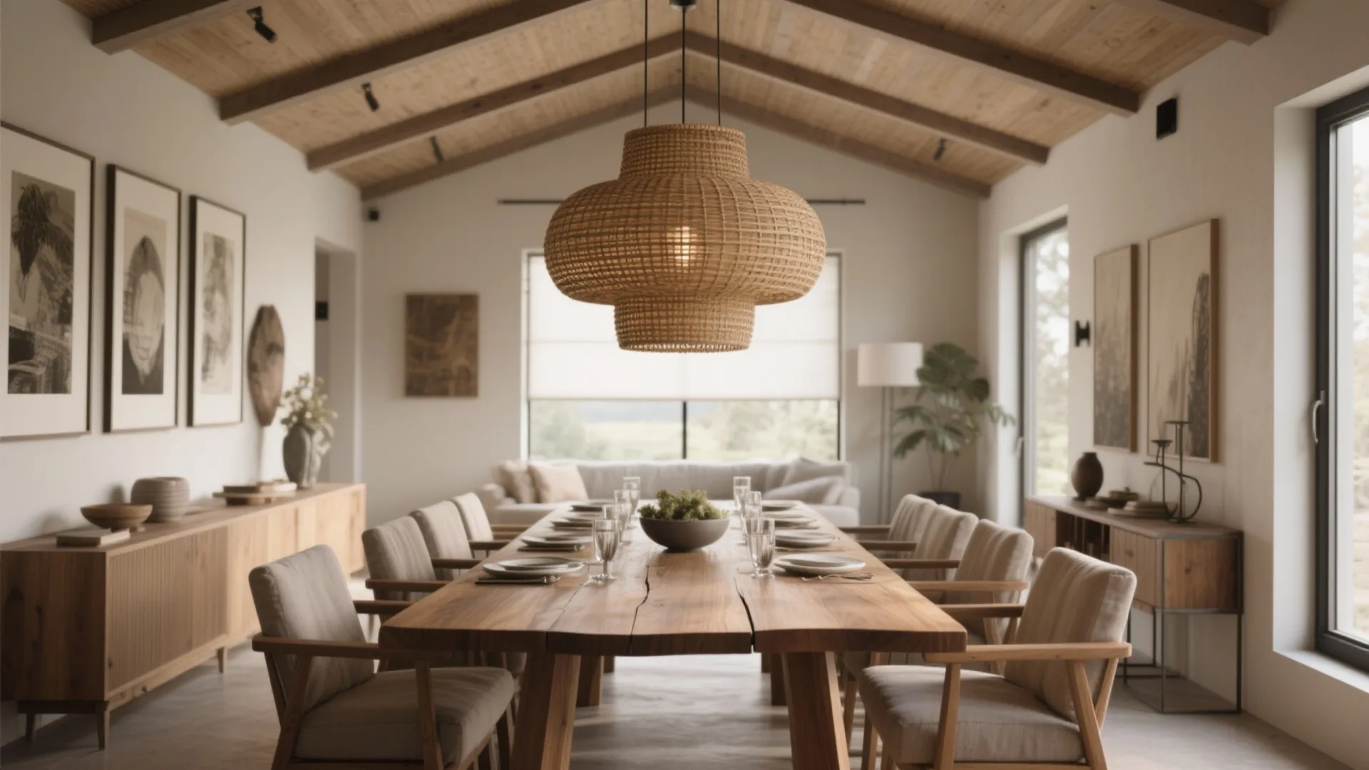 Large woven ceiling light hanging over a long wooden dining table in a rustic room
