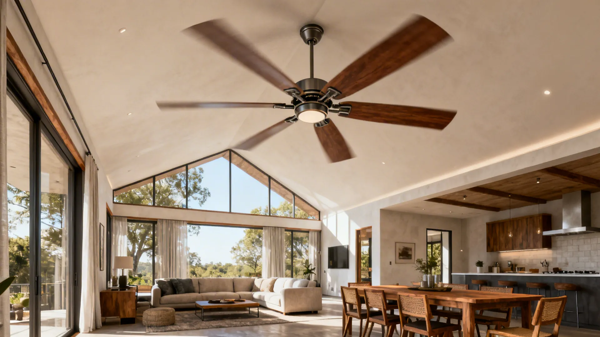 Open-plan living-dining room with a large 60-inch ceiling fan