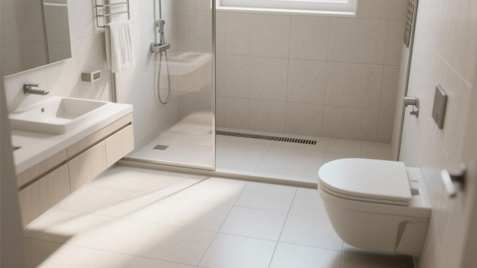 Large-format rectified porcelain floor runs seamlessly into a curbless shower with a linear drain and narrow grout.