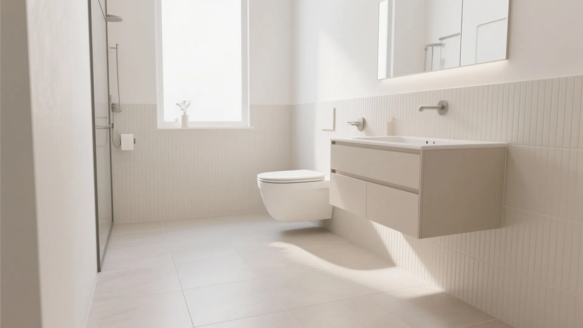 Modern white bathroom featuring wall hung toilet floating cabinet large floor tiles and bright window light