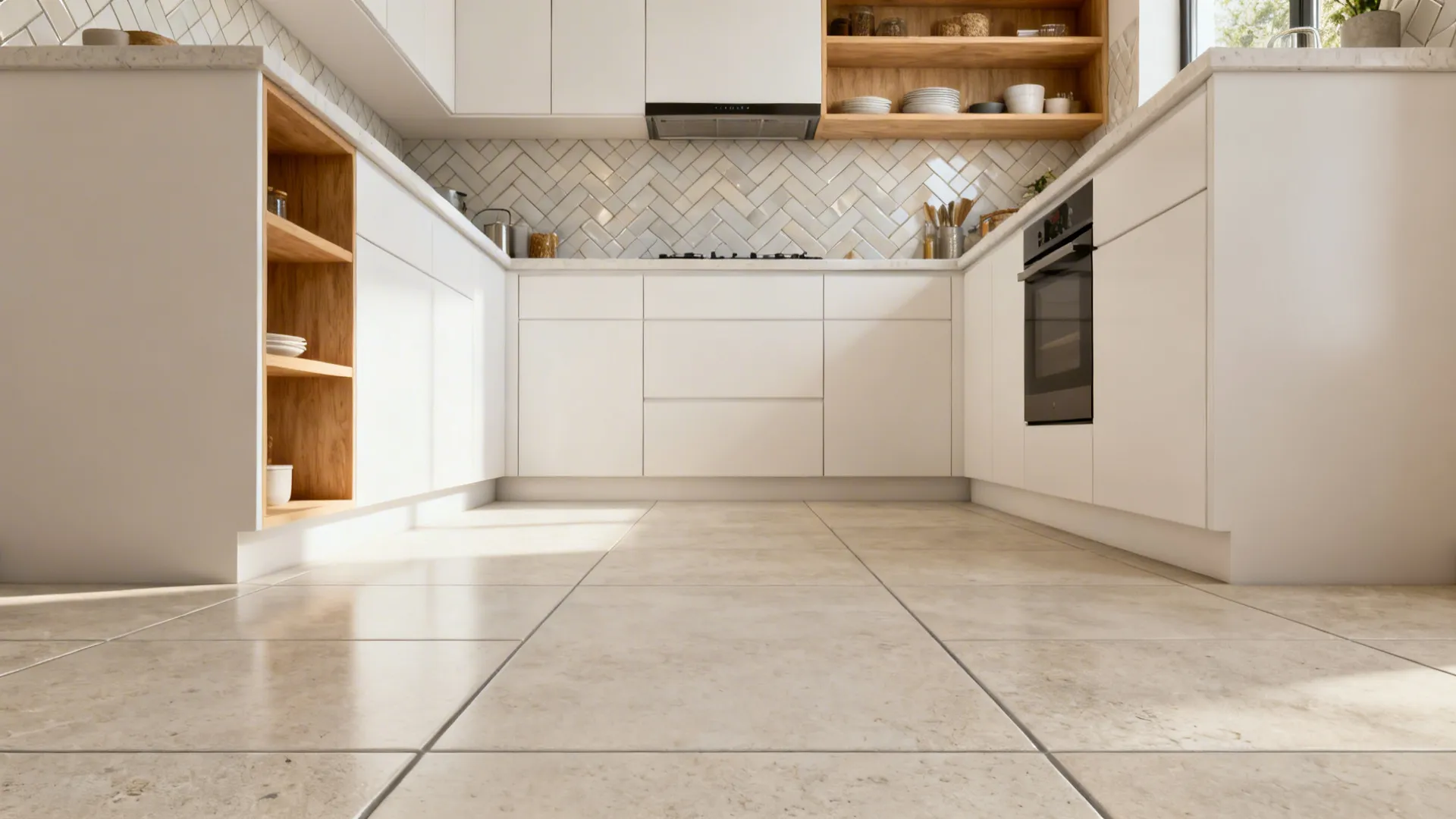 Large-format porcelain floor with tight grout and herringbone backsplash in a compact kitchen
