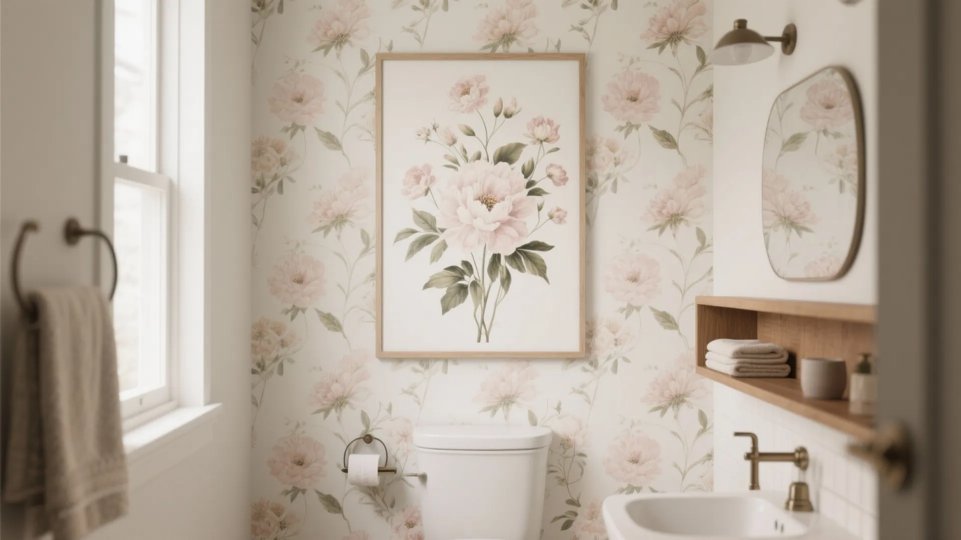 Bright bathroom with pink floral wallpaper framed flower art white toilet and a wall light