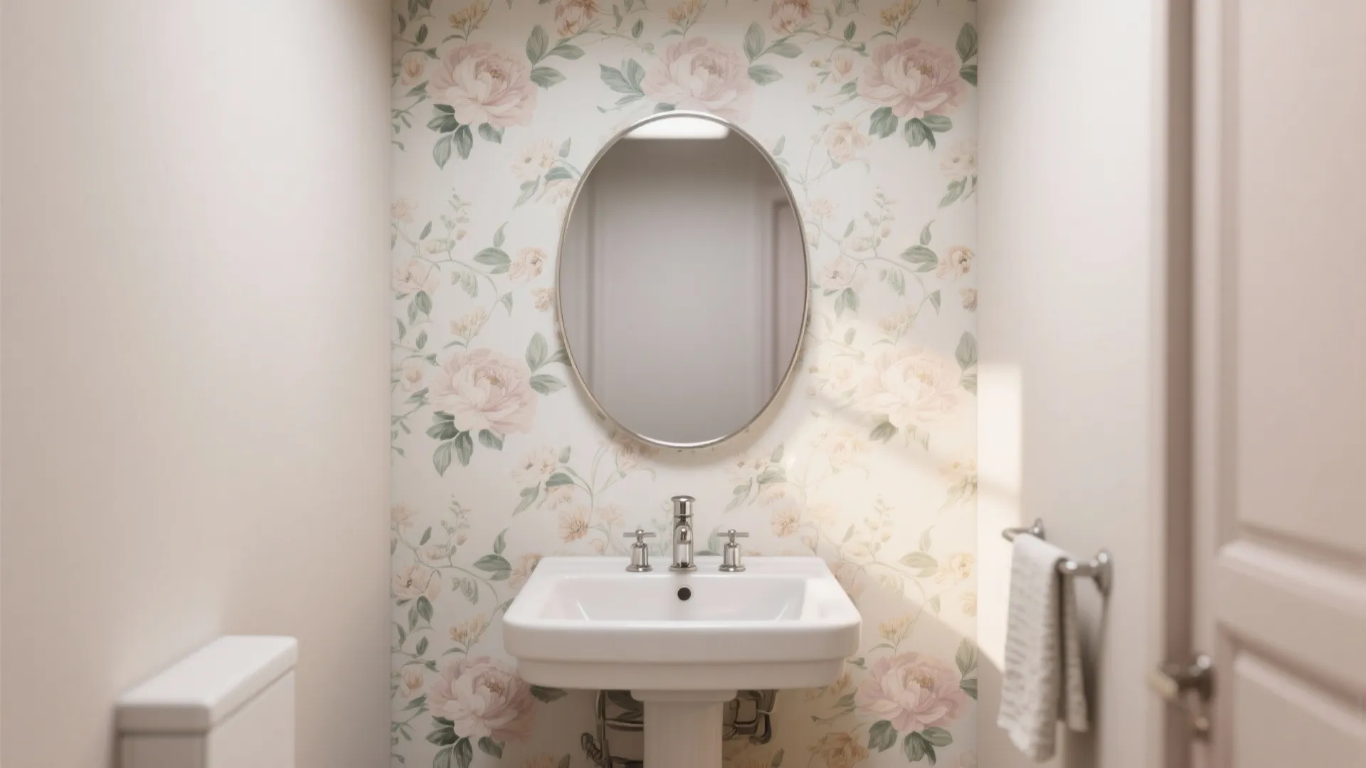 Small bathroom with pink floral wallpaper and oval mirror above a white porcelain pedestal sink