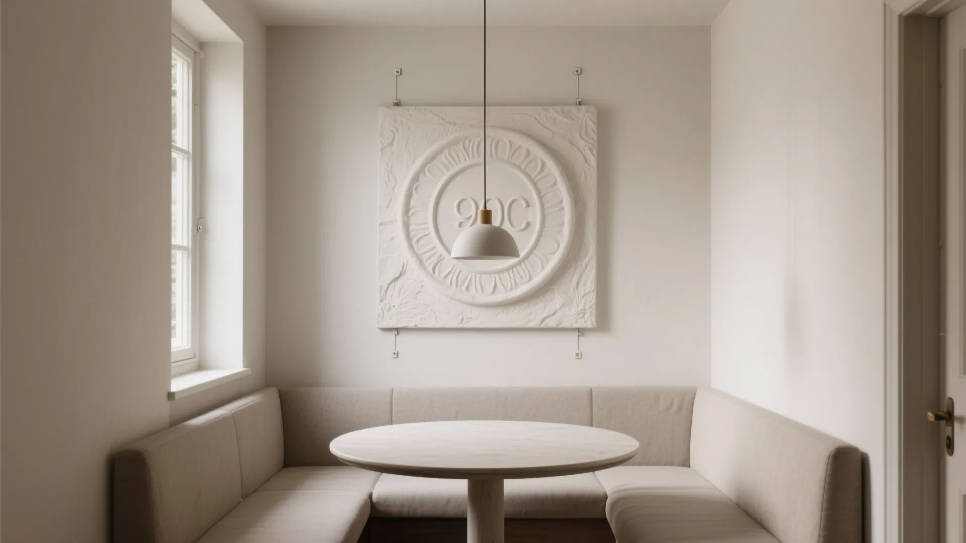 Compact dining nook centered by a large matte plaster relief above a round table and pendant.