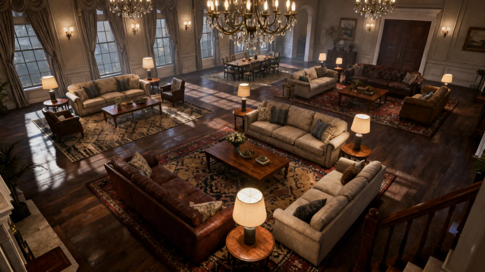 Large formal living room with multiple seating areas, layered lighting and textured rugs.