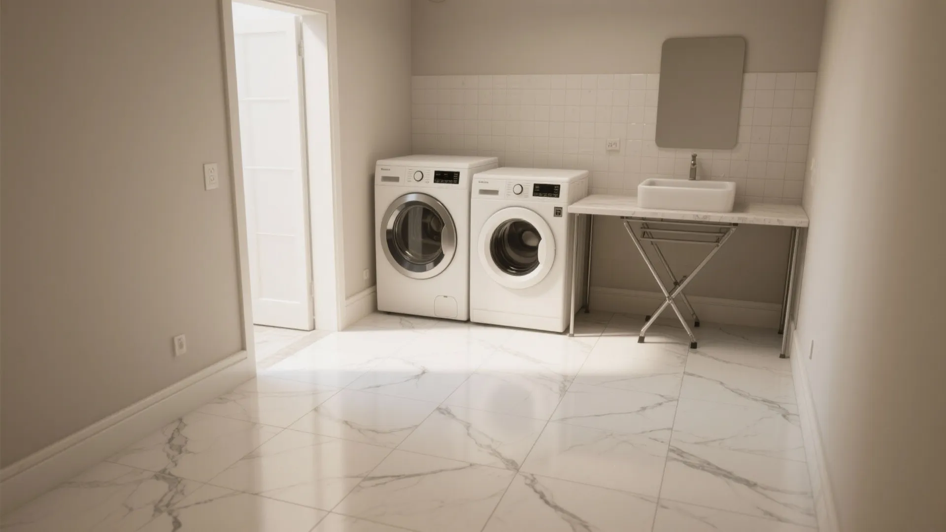 Bright laundry room with large marble floor tiles two washing machines and a white sink