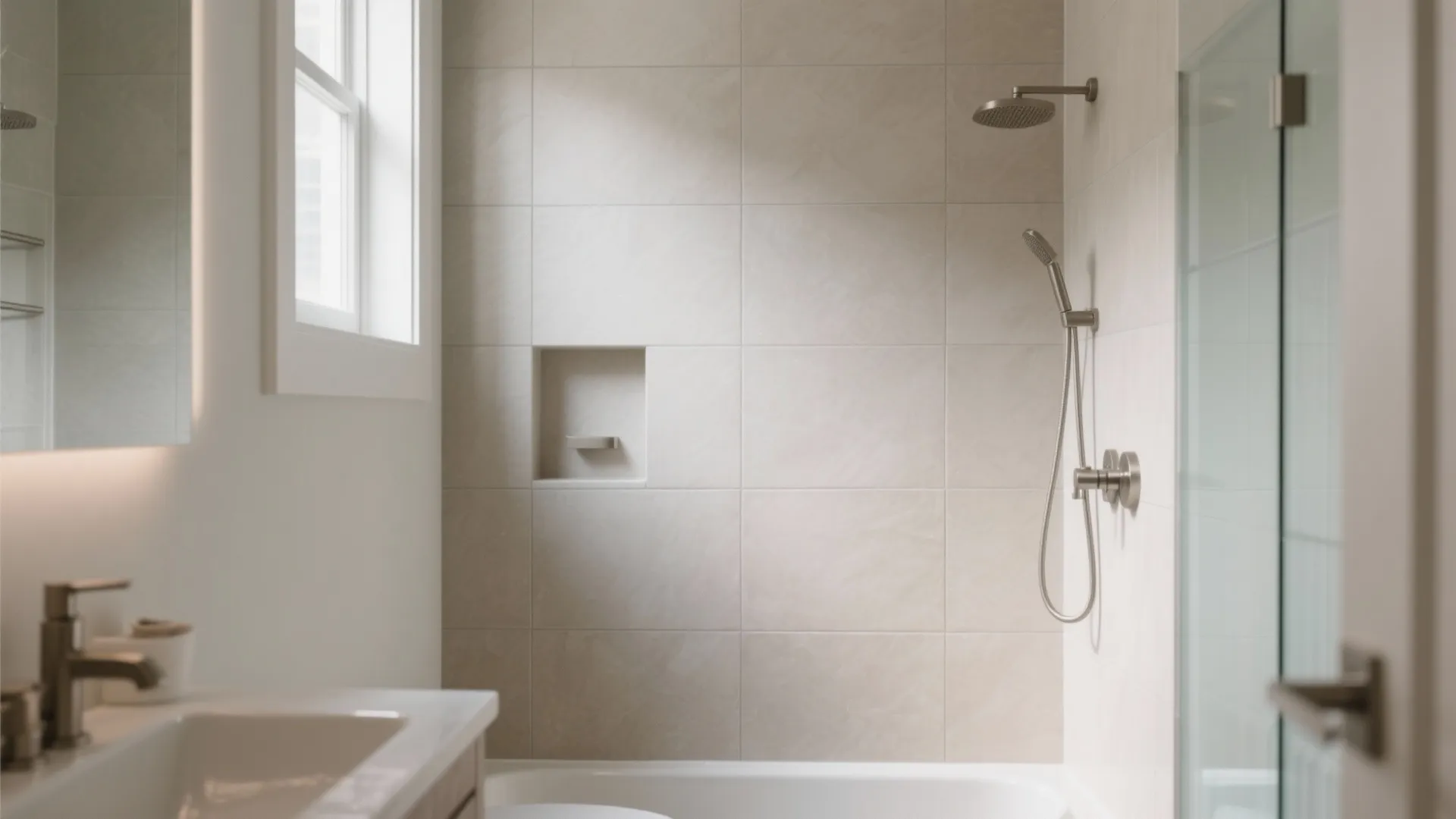 Large-format ceramic wall tiles with near-match grout create a seamless, spa-like look.