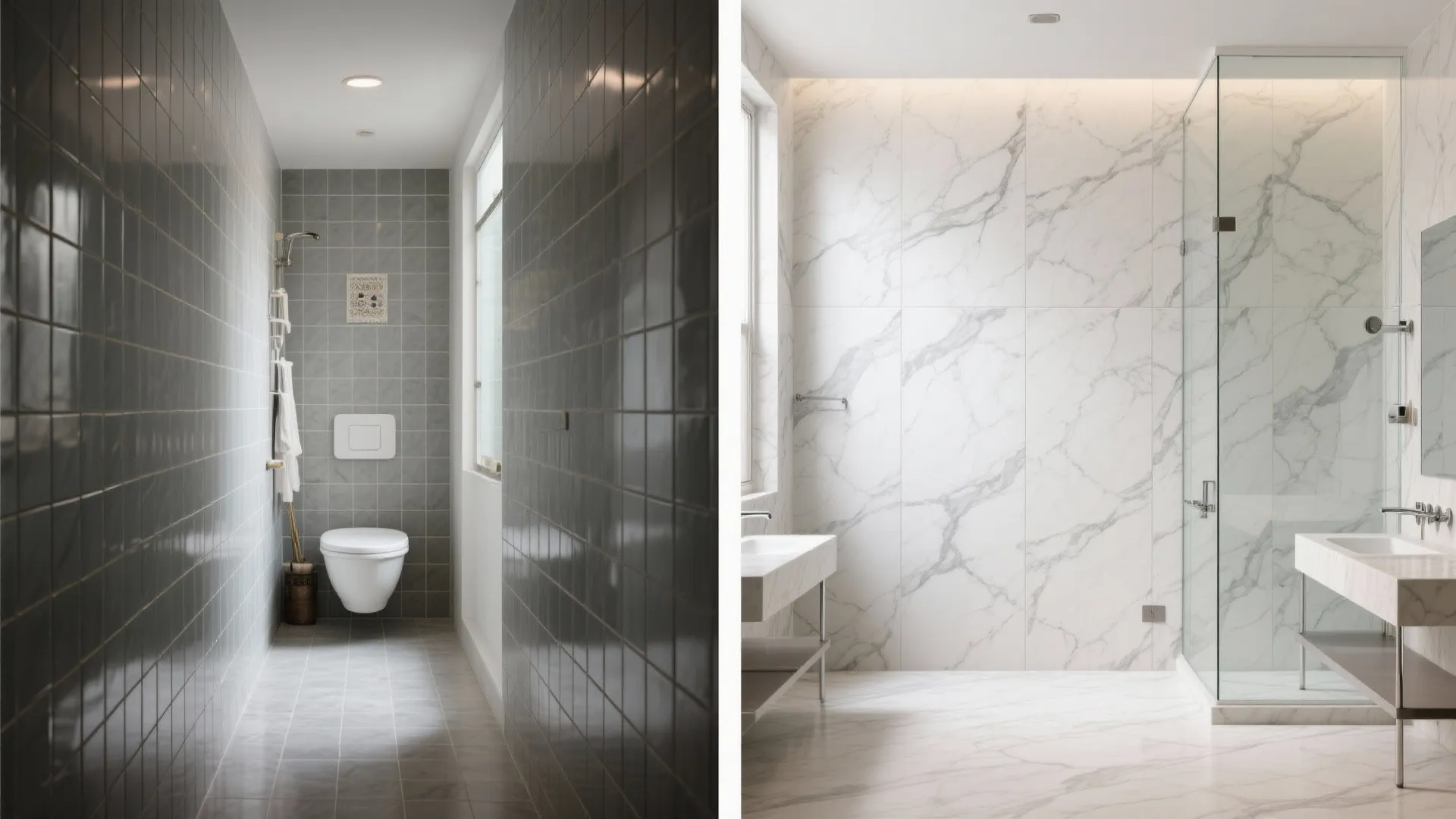 Comparison showing small grey wall tiles versus a modern large white marble tile bathroom design
