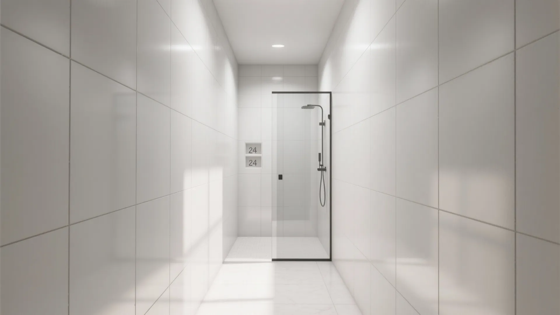 2) Large-format white tiles to minimize grout