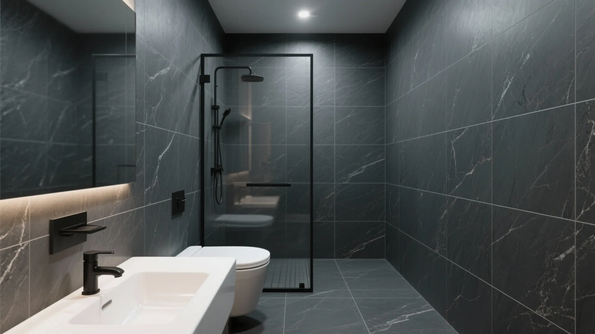 Contemporary dark grey marble bathroom featuring white sink toilet glass shower cabin and minimalist wall mirror