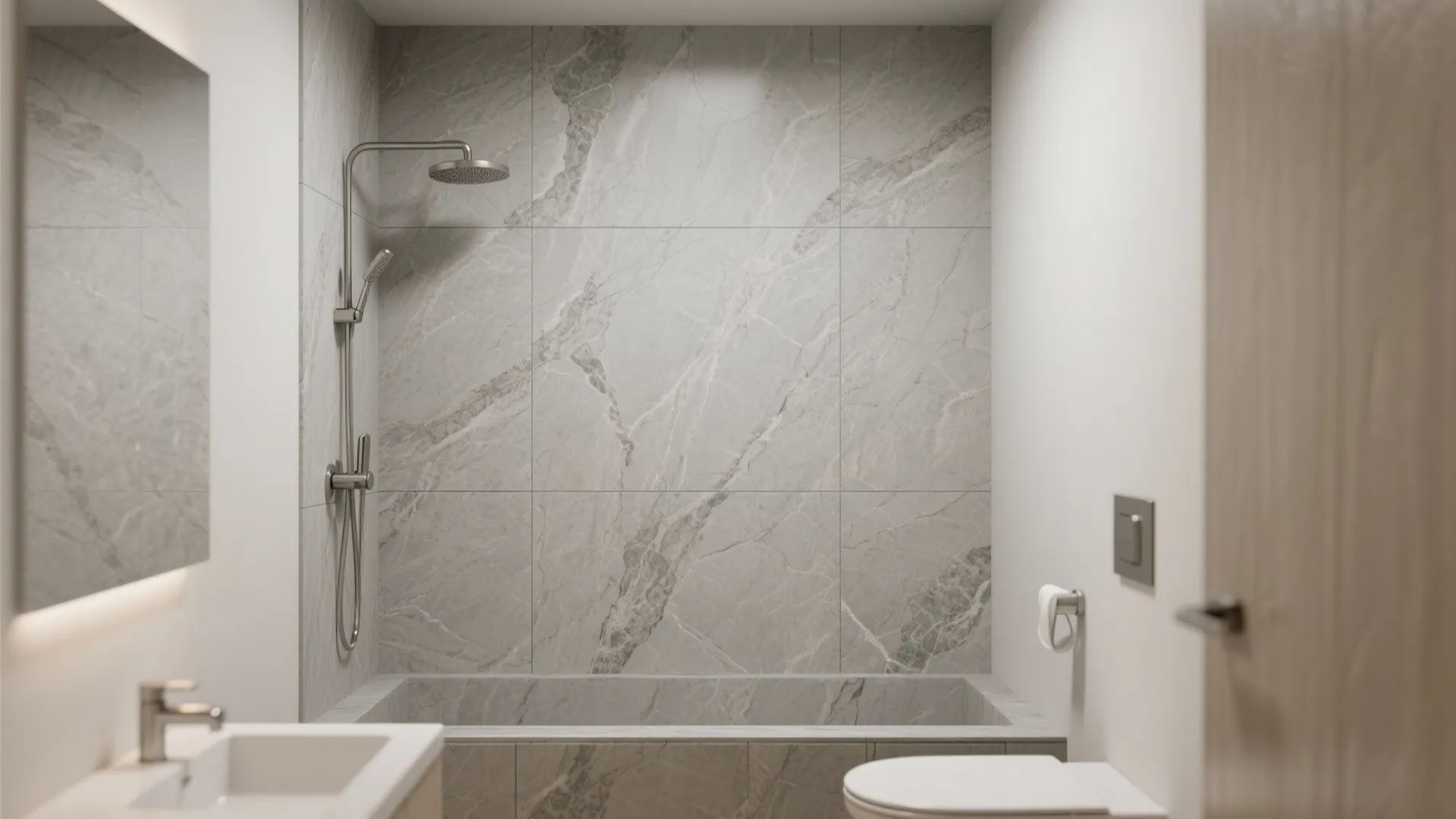 Modern bathroom featuring marble style wall tiles with a shower fixture above a grey bathtub
