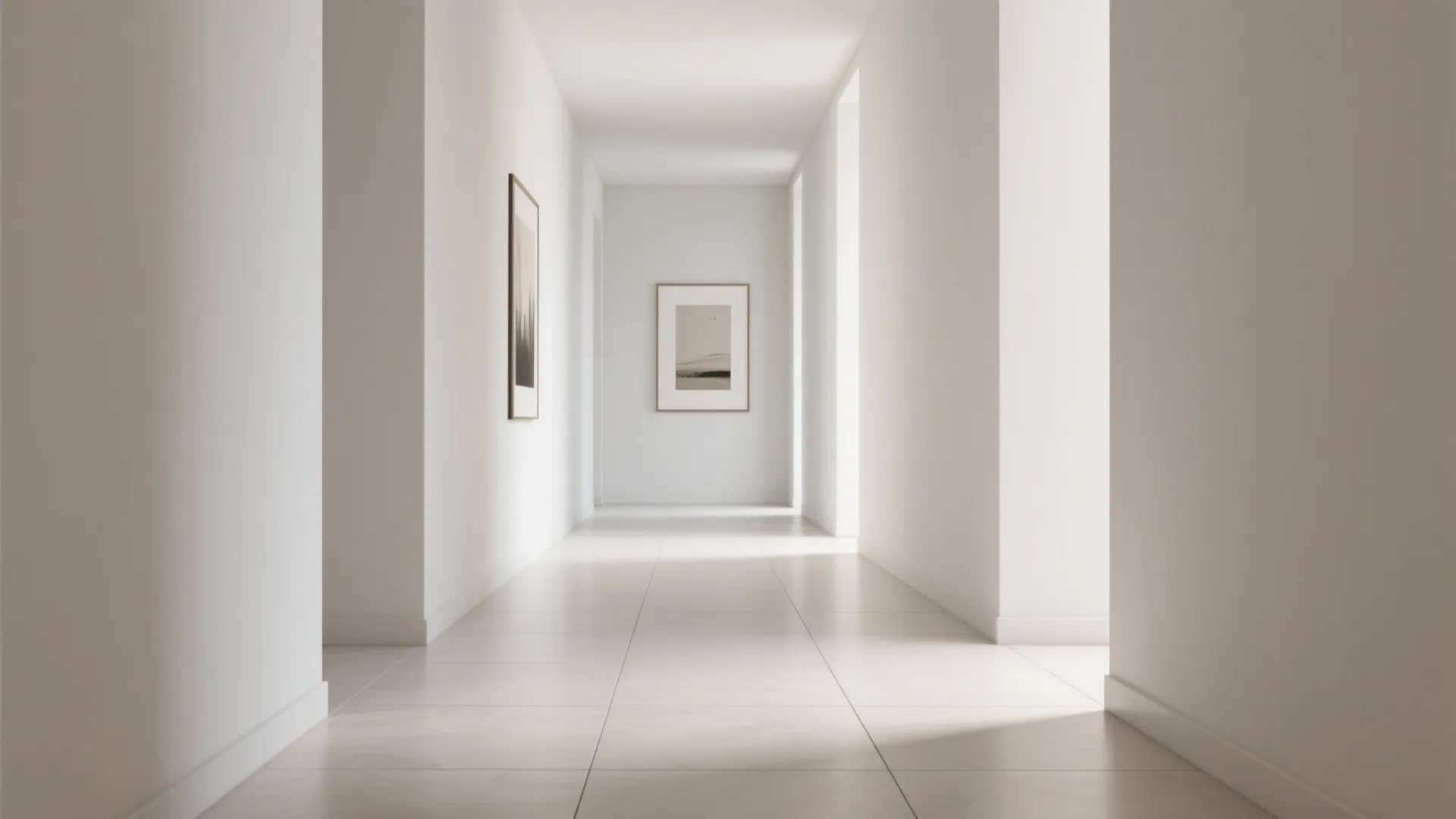 Minimalist bright hallway with large floor tiles white walls and simple framed wall art pieces