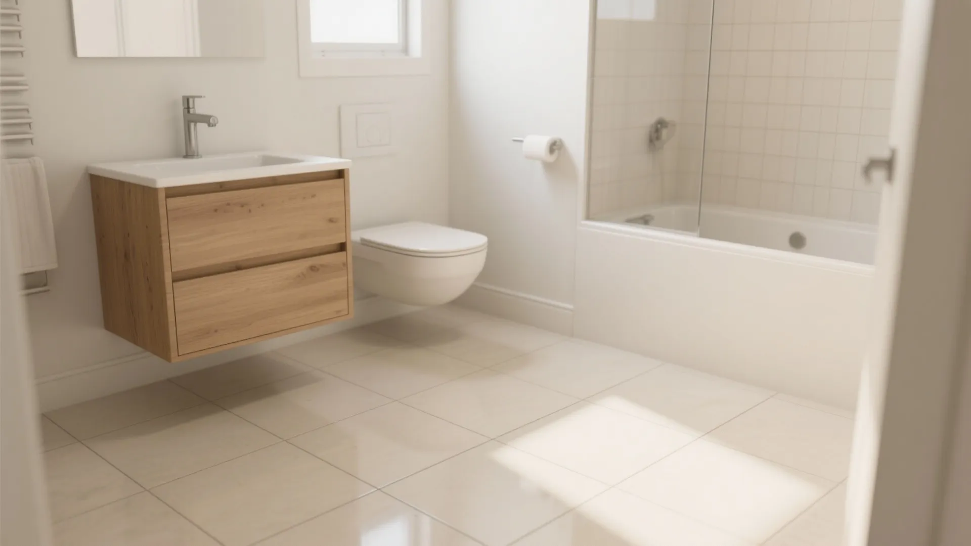 Modern white bathroom interior featuring a wooden sink cabinet white toilet bathtub and large tiles