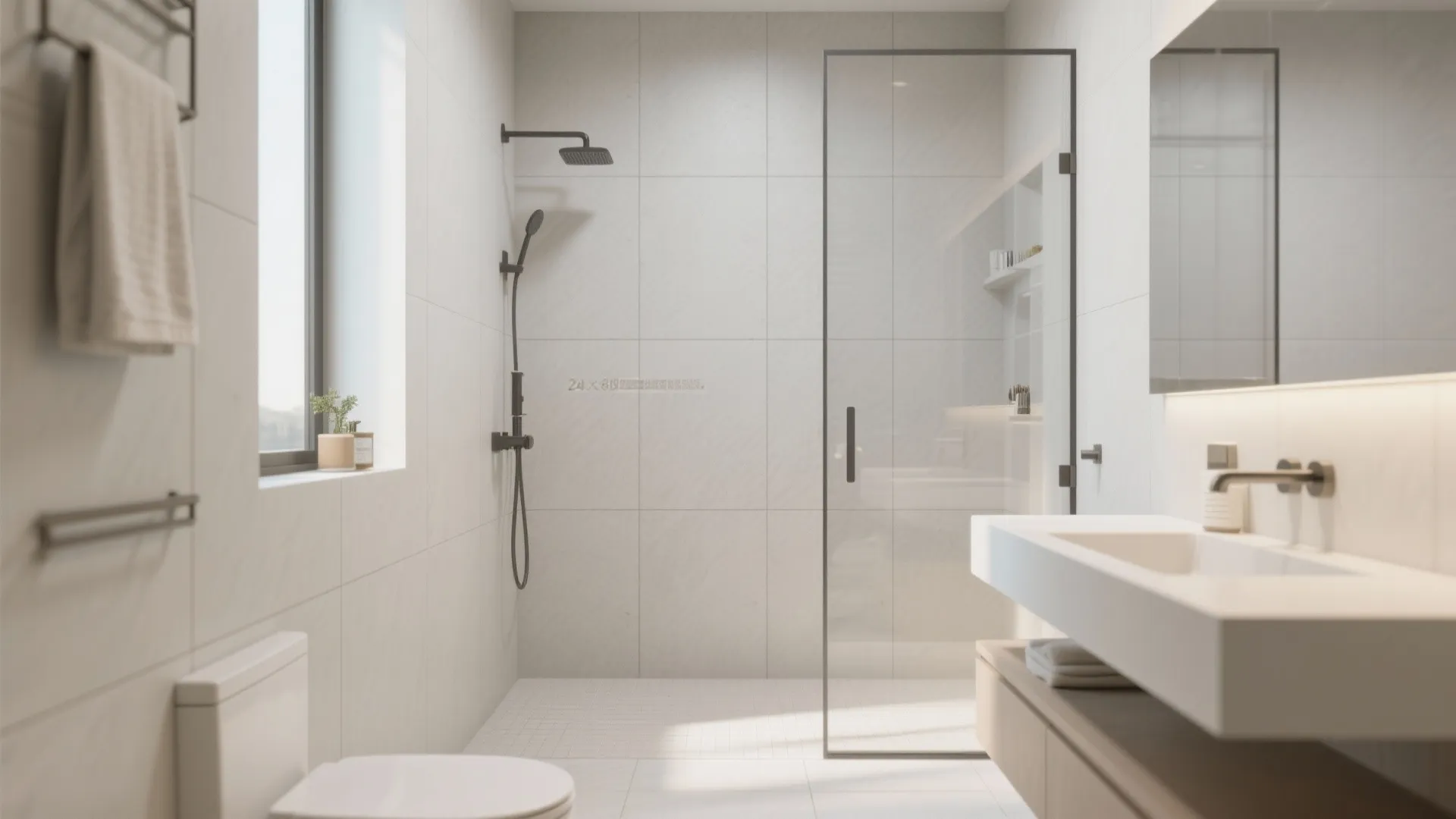 Large-format tiles with minimal grout for a serene feel