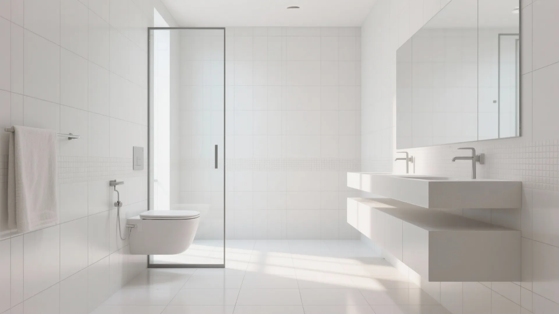 Minimalist white bathroom design with glass shower door wall hung toilet large mirror and floating sink