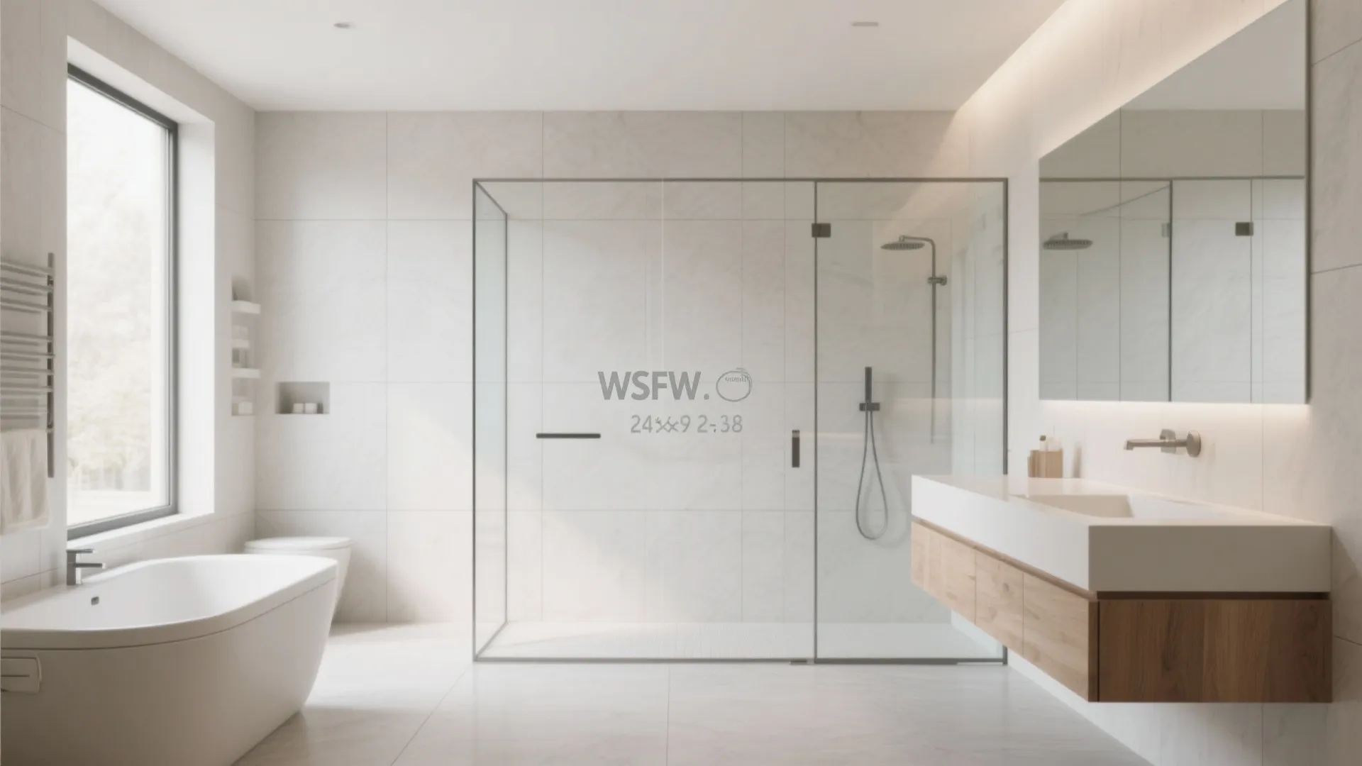 Large modern bathroom featuring a glass shower, white bathtub, wooden cabinet, sink, and big mirror