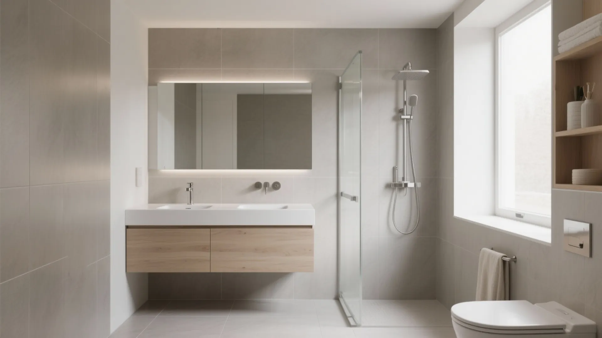 3) Large-format matte tiles for fewer grout lines