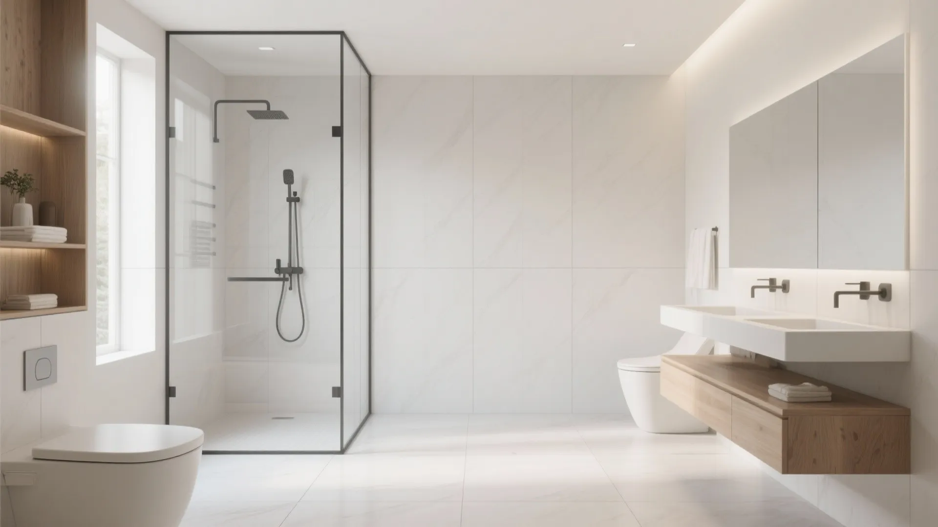 En suite with large-format digital tiles minimizing grout lines for a calm, expansive look under soft daylight.