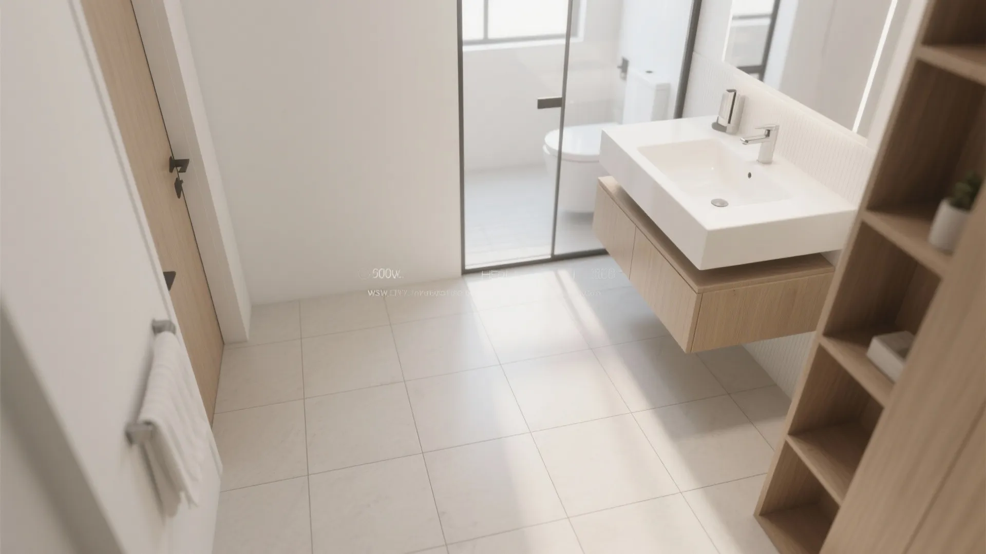 Bright minimalist bathroom featuring wooden cabinet white sink large floor tiles and wooden storage shelf