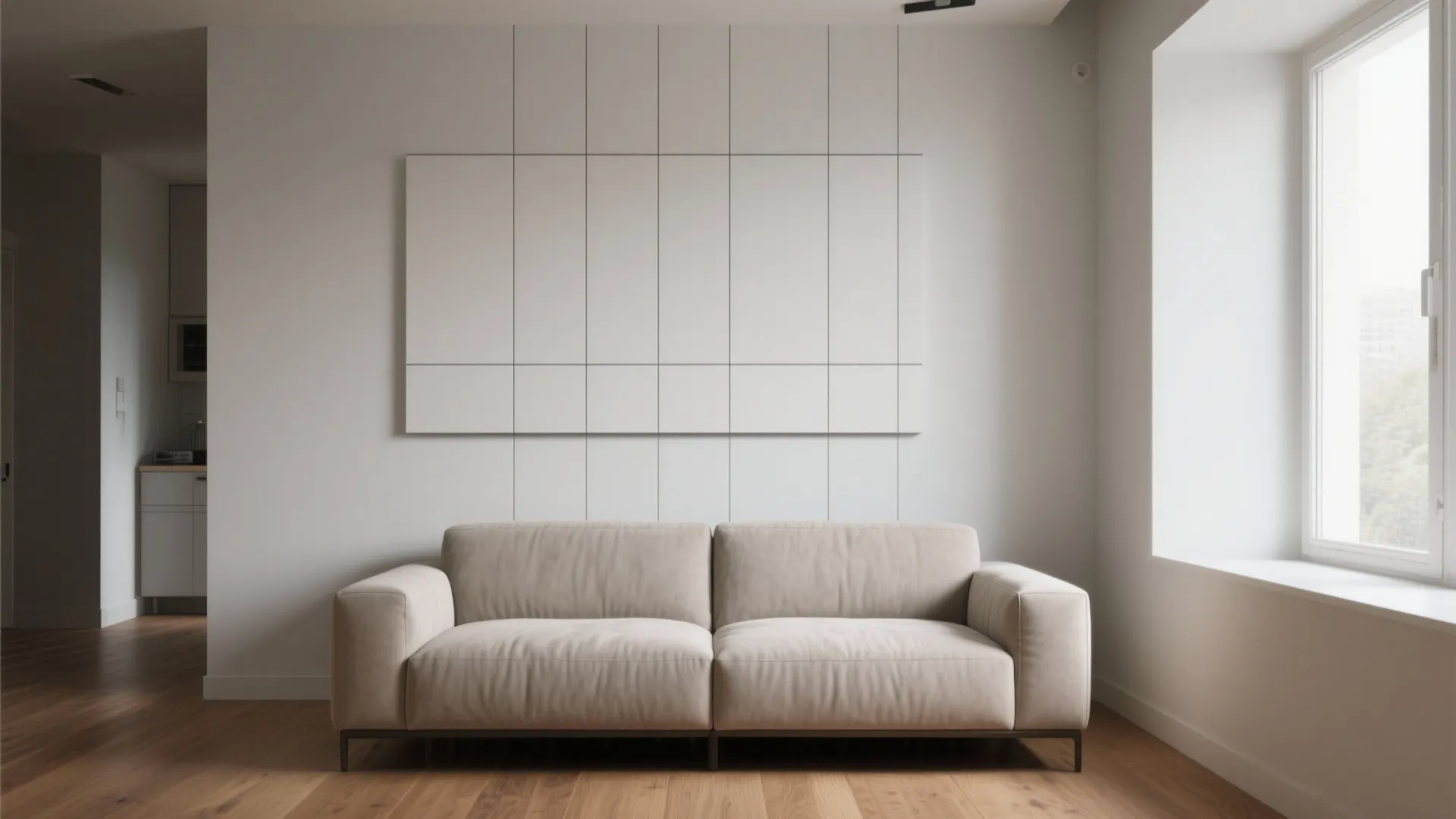 Small living room with a large-format tile strip behind the sofa creating a sleek focal point.