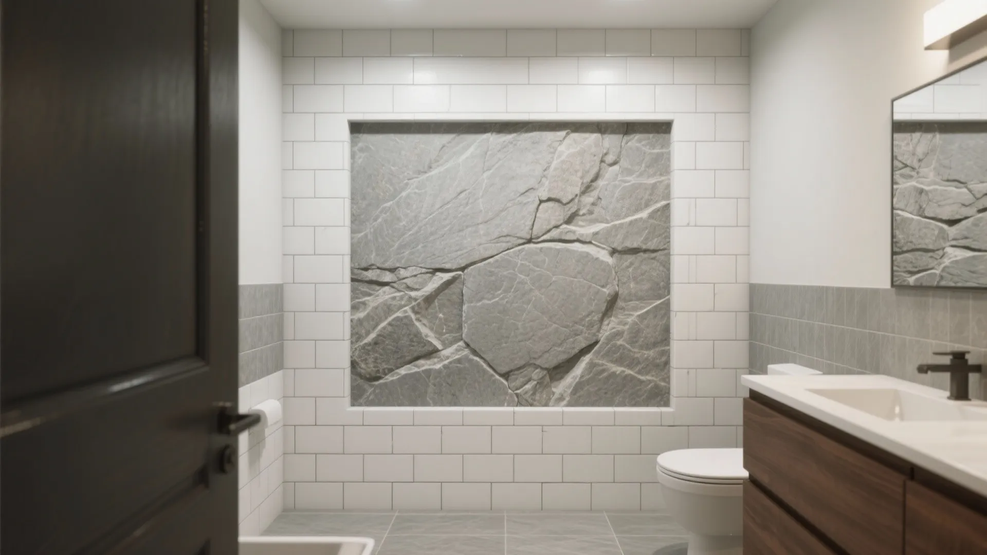 Small bathroom with a large-format stone-look accent wall framed by white tile and gray grout