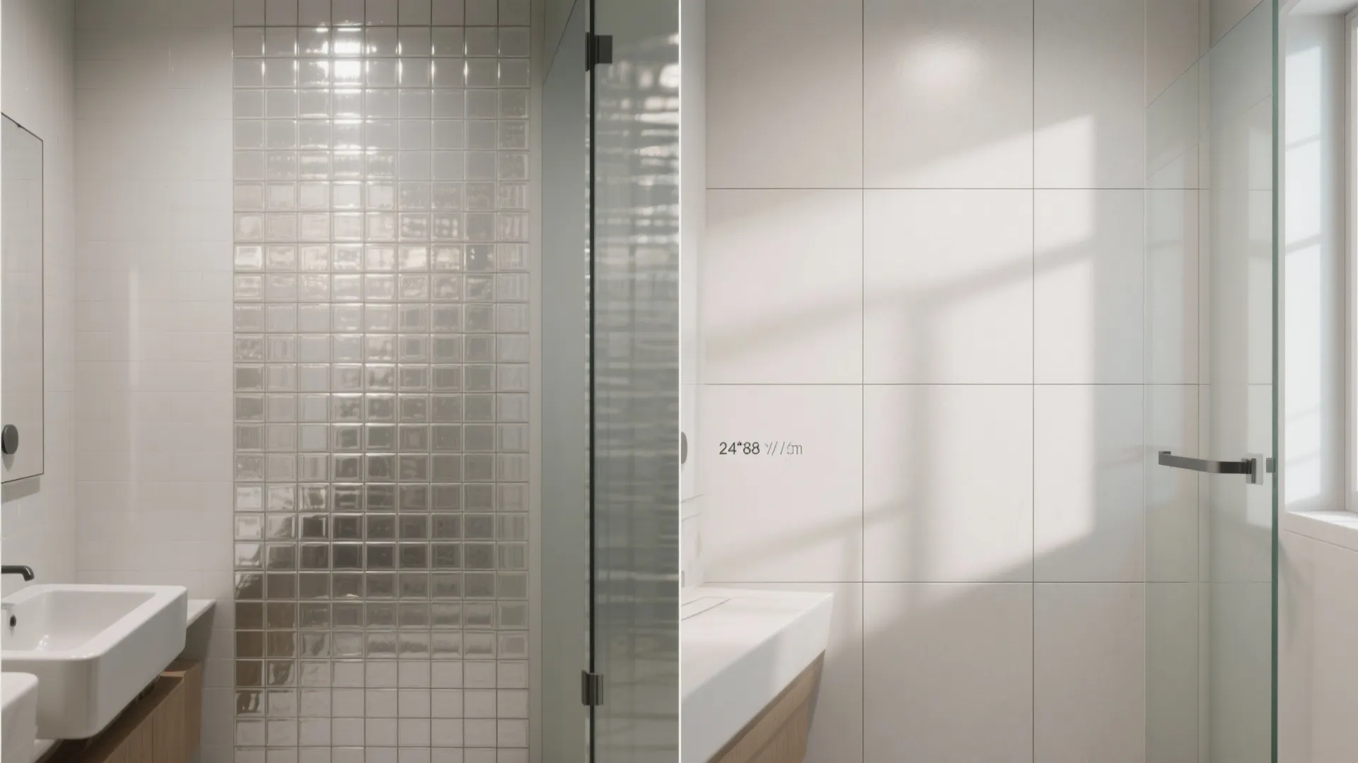 Before and after comparison of small glossy bathroom wall tiles versus large matte white tiles