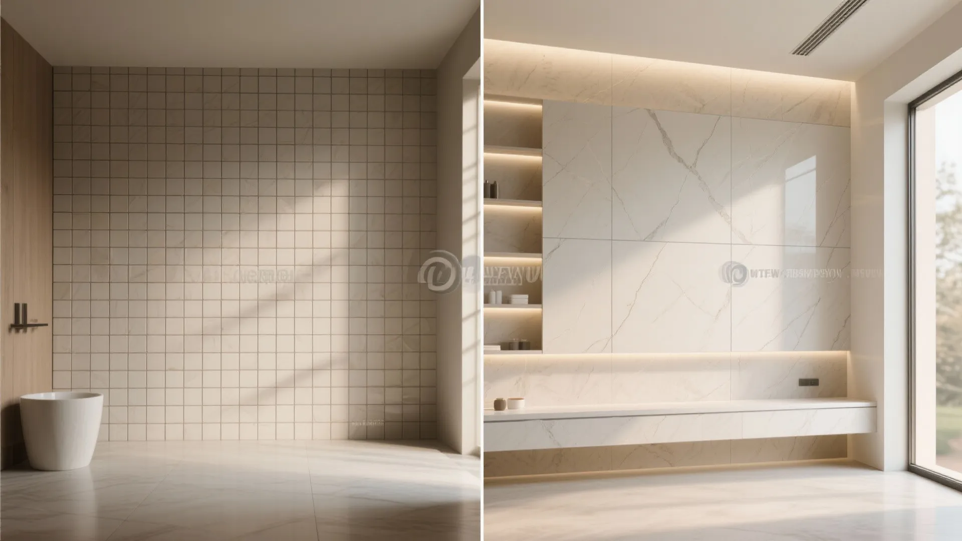 Before and after interior design drawing showing small square tiles versus large marble wall panels
