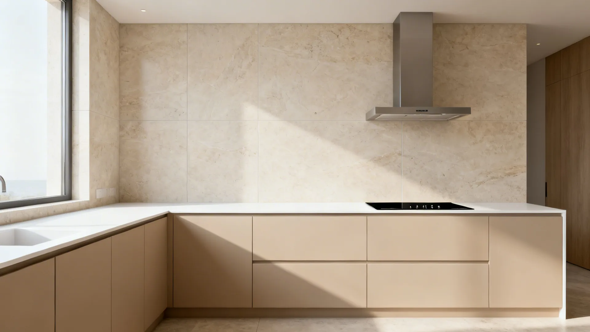 Small kitchen with seamless large-format porcelain slab backsplash in a light stone finish.