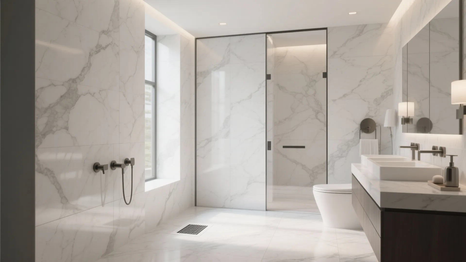 Modern white marble bathroom with large wall tiles double sinks a toilet and glass shower