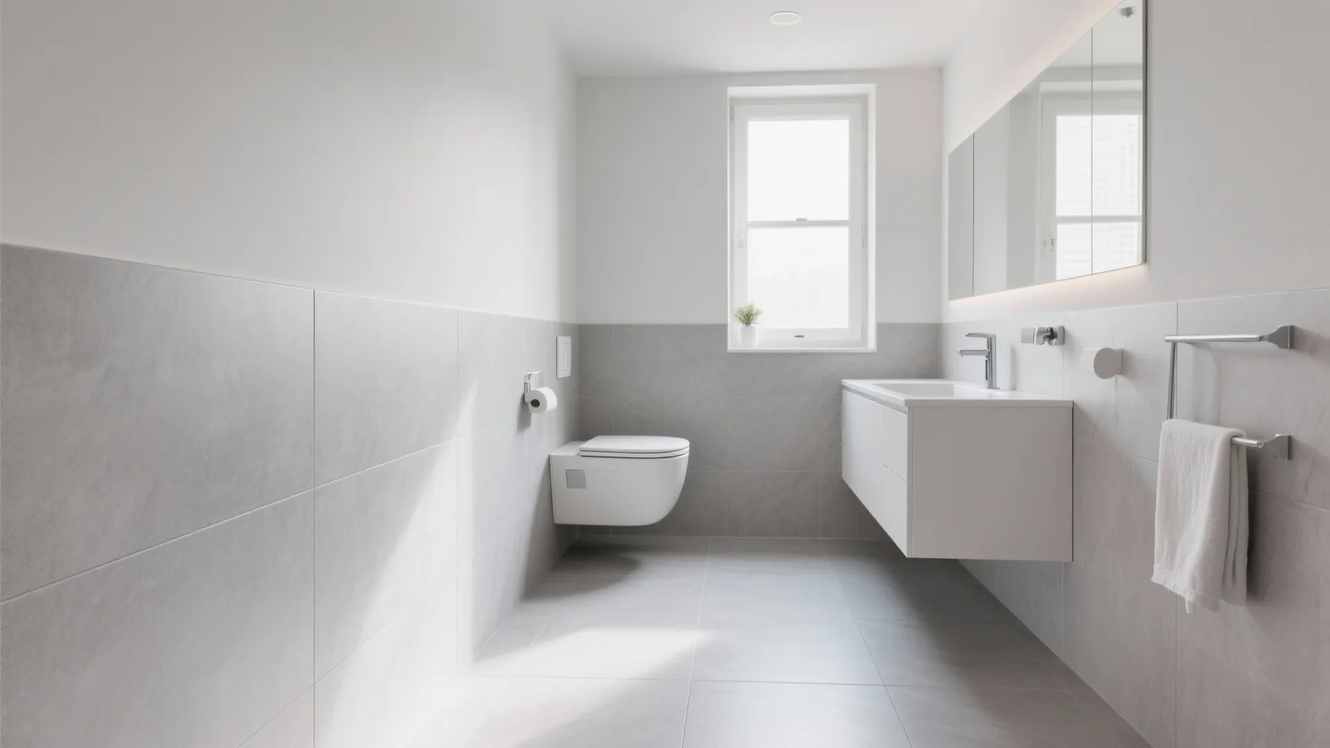 Modern minimalist bathroom with grey wall tiles white floating vanity sink and wall hung toilet